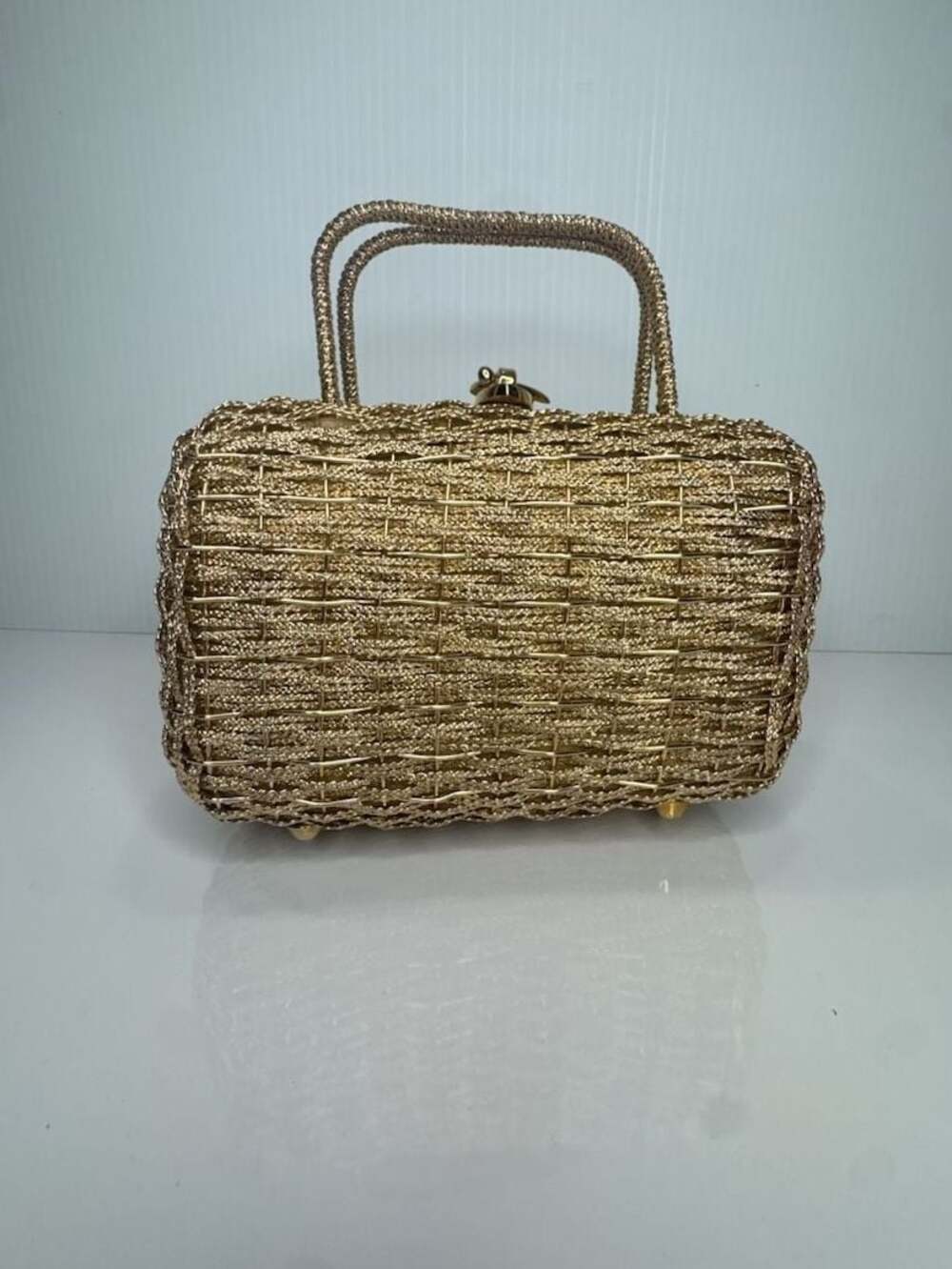 Vintage Koret Gold Metallic Woven Basket Box Designer Handbag
